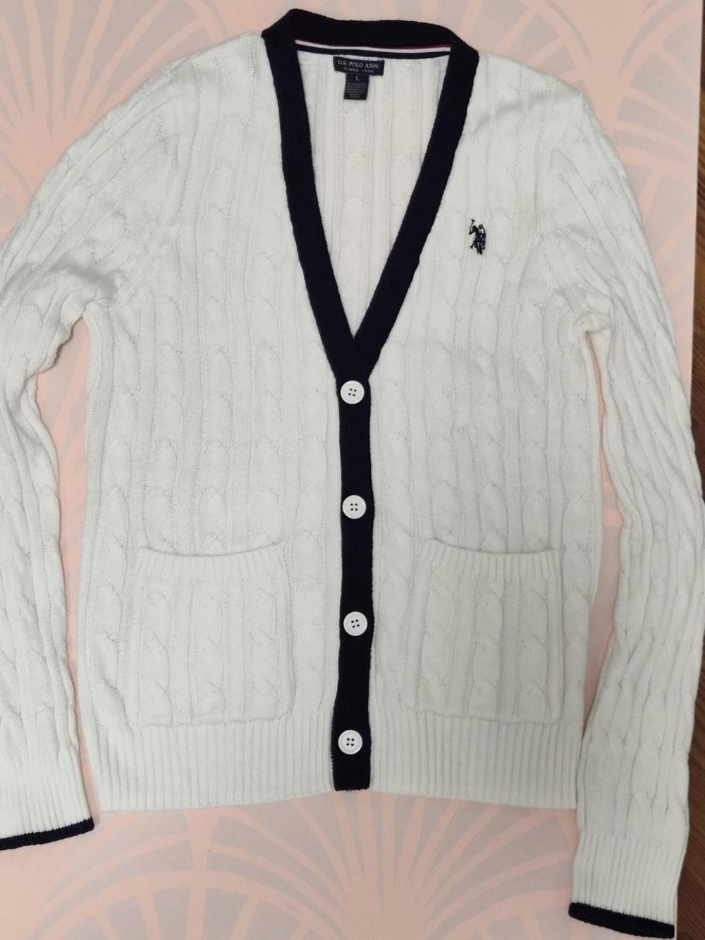 U.S. Polo Assn. White Cable Knit Cardigan with Navy Trim